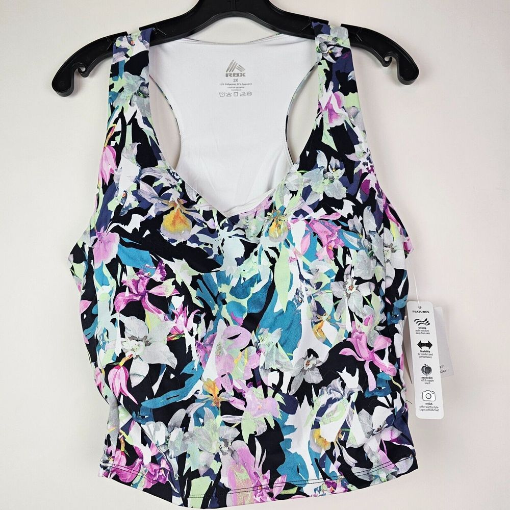 RBX Women's Sports Cropped Tank Size 2X Floral Built-In Bra Racerback Stretch
